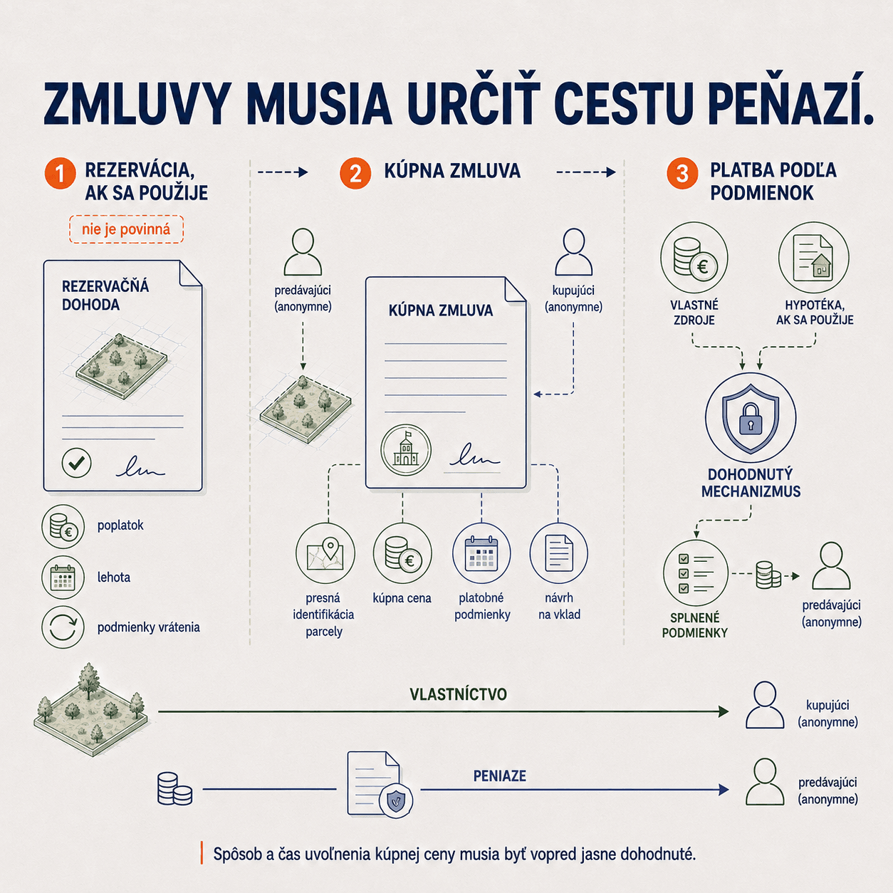 Kúpna zmluva musí určiť presnú identifikáciu parcely, kúpnu cenu, platobné podmienky aj návrh na vklad, peniaze idú cez dohodnutý úschovný mechanizmus