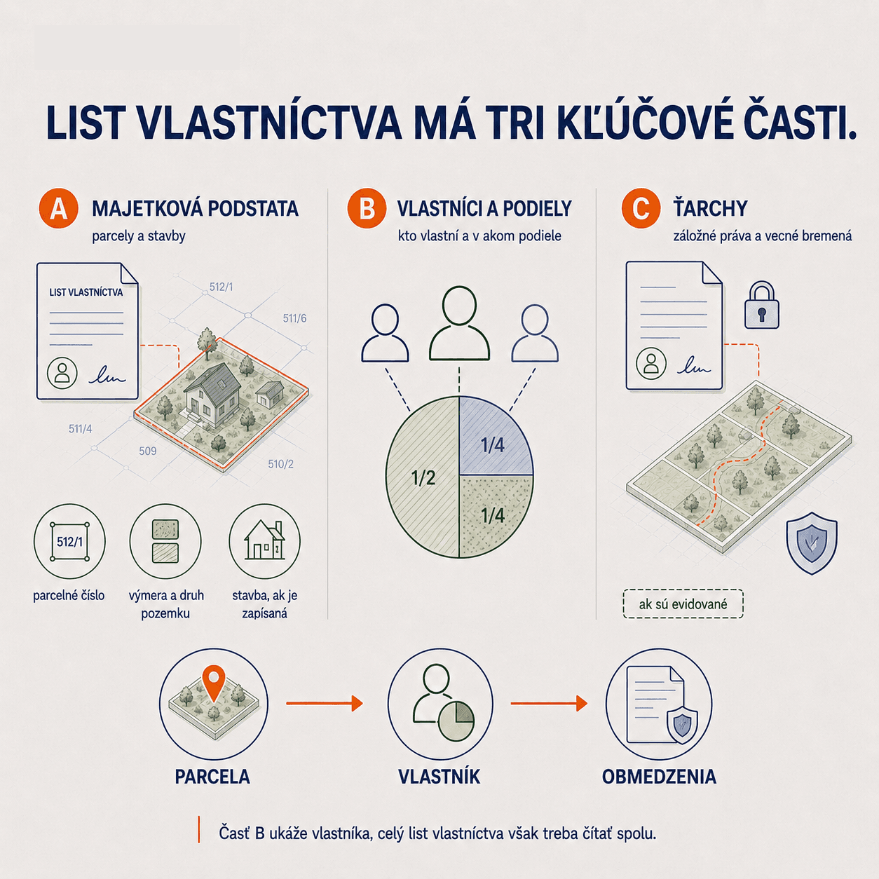 Tri časti listu vlastníctva: majetková podstata s parcelným číslom a výmerou, vlastníci a ich podiely, a prípadné ťarchy ako záložné právo či vecné bremeno