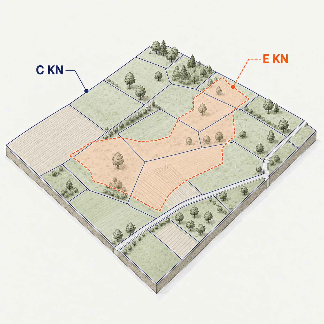 Súbeh registrov na tom istom mieste — nová súvislá mapa C KN pokrývajúca celé katastrálne územie a staršia parcela E KN s vlastnými hranicami, ktorá sa s ňou prekrýva
