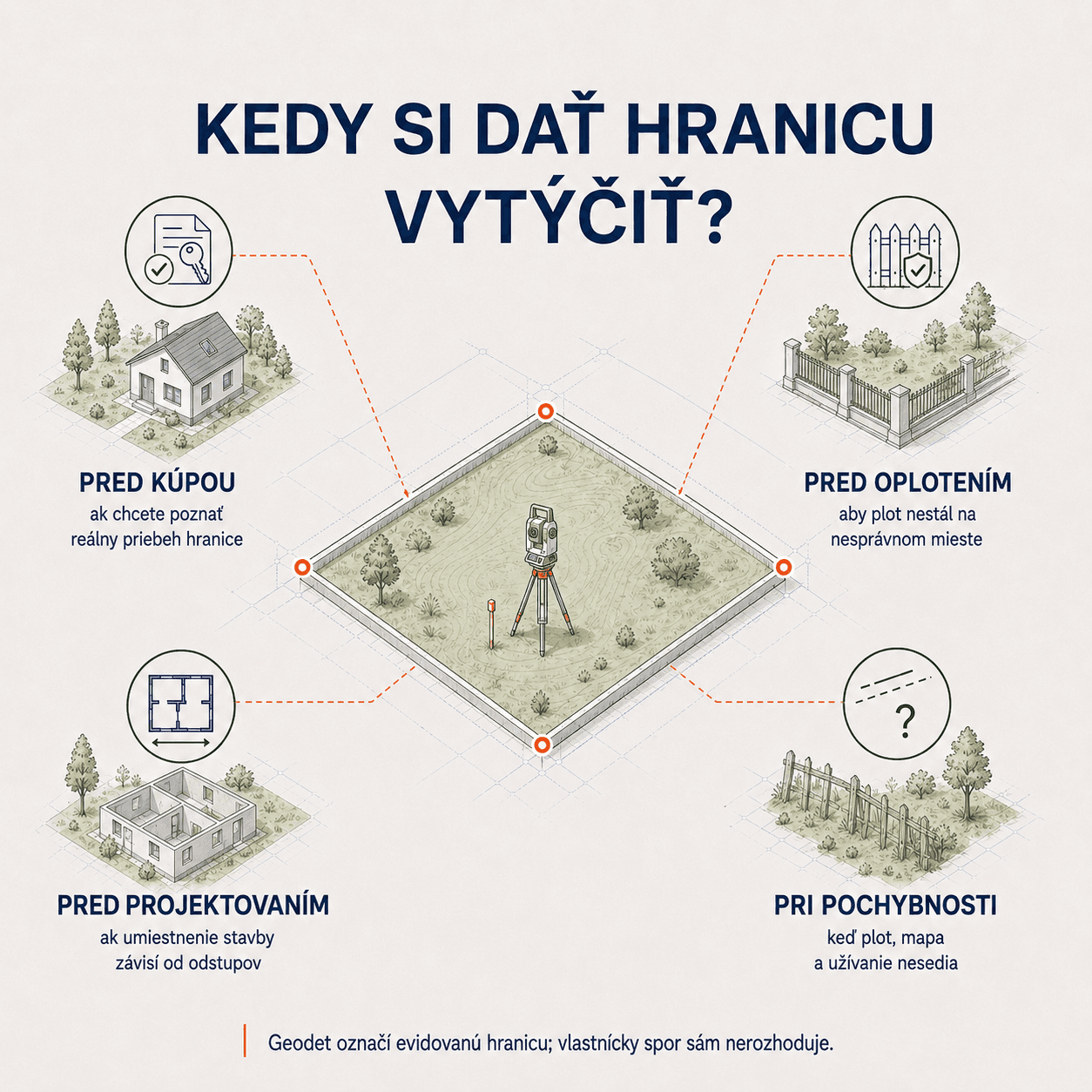 Štyri typické situácie na vytýčenie hranice: pred kúpou pozemku, pred oplotením, pred projektovaním stavby a pri pochybnosti o priebehu hranice