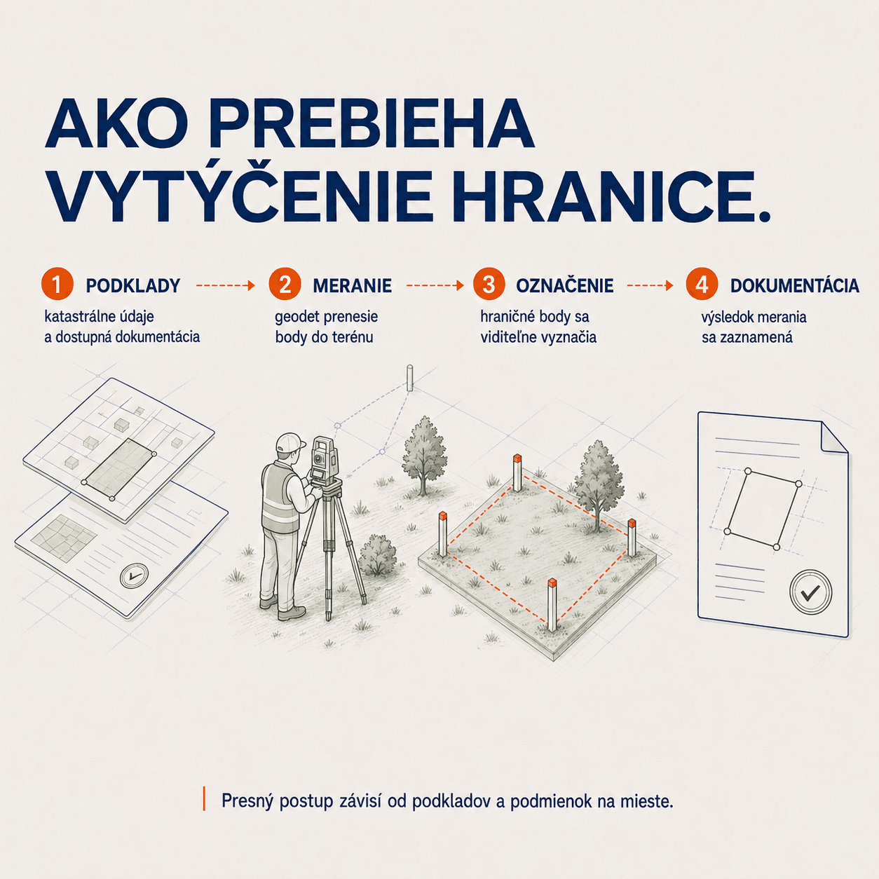 Priebeh vytýčenia hranice v štyroch krokoch: podklady z katastra, meranie geodetom v teréne, označenie hraničných bodov a vyhotovenie dokumentácie